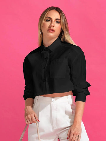 Solid Button Front Pocket Patched Crop Shirt Solid Button Front Pocket Patched Crop Shirt