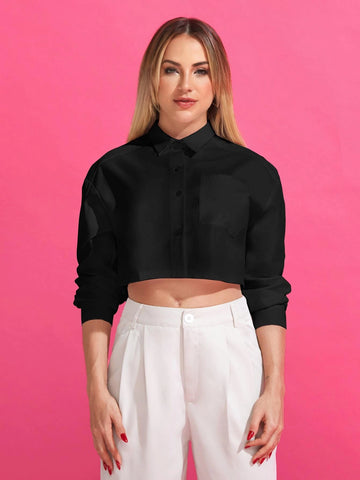 Solid Button Front Pocket Patched Crop Shirt Solid Button Front Pocket Patched Crop Shirt