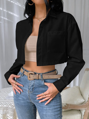 Solid Button Front Pocket Patched Crop Shirt Solid Button Front Pocket Patched Crop Shirt