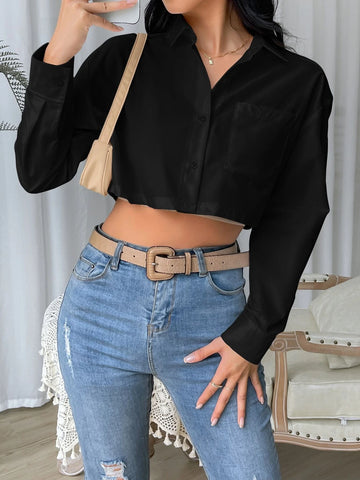 Solid Button Front Pocket Patched Crop Shirt Solid Button Front Pocket Patched Crop Shirt
