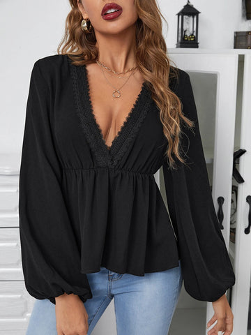 Lace Trim Lantern Sleeve Peplum Blouse Lace Trim Lantern Sleeve Peplum Blouse