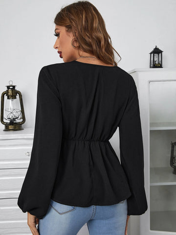 Lace Trim Lantern Sleeve Peplum Blouse Lace Trim Lantern Sleeve Peplum Blouse