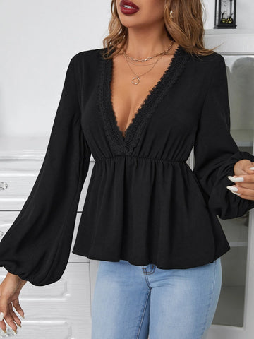 Lace Trim Lantern Sleeve Peplum Blouse Lace Trim Lantern Sleeve Peplum Blouse