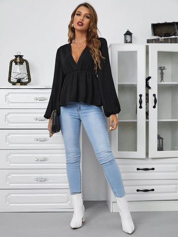 Lace Trim Lantern Sleeve Peplum Blouse Lace Trim Lantern Sleeve Peplum Blouse