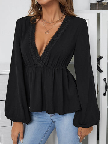 Lace Trim Lantern Sleeve Peplum Blouse Lace Trim Lantern Sleeve Peplum Blouse