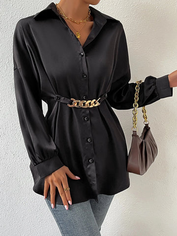 Drop Shoulder Chain Detail Curved Hem Shirt Drop Shoulder Chain Detail Curved Hem Shirt