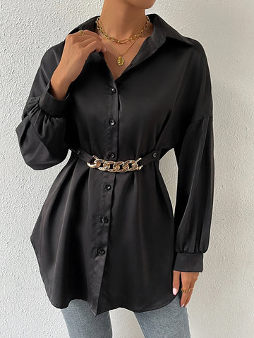 Drop Shoulder Chain Detail Curved Hem Shirt Drop Shoulder Chain Detail Curved Hem Shirt