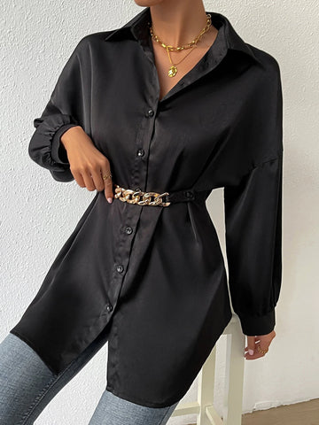 Drop Shoulder Chain Detail Curved Hem Shirt Drop Shoulder Chain Detail Curved Hem Shirt