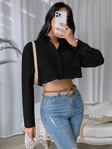 Solid Button Front Pocket Patched Crop Shirt Solid Button Front Pocket Patched Crop Shirt