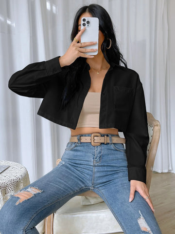 Solid Button Front Pocket Patched Crop Shirt Solid Button Front Pocket Patched Crop Shirt
