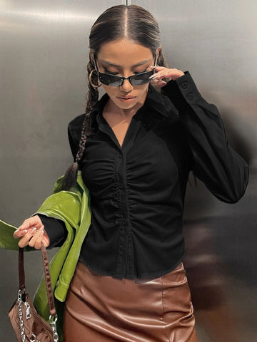 Solid Ruched Button Up Shirt Solid Ruched Button Up Shirt