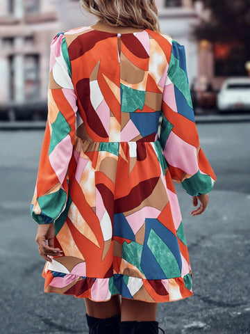 Geo Print Lantern Sleeve Ruffle Hem Smock Dress Geo Print Lantern Sleeve Ruffle Hem Smock Dress