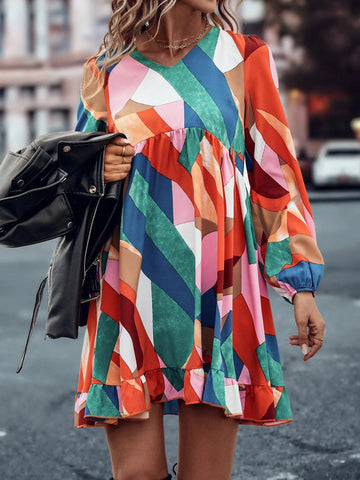 Geo Print Lantern Sleeve Ruffle Hem Smock Dress Geo Print Lantern Sleeve Ruffle Hem Smock Dress