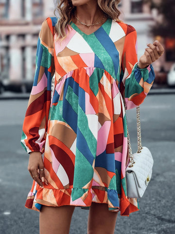 Geo Print Lantern Sleeve Ruffle Hem Smock Dress Geo Print Lantern Sleeve Ruffle Hem Smock Dress