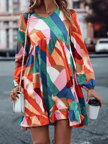 Geo Print Lantern Sleeve Ruffle Hem Smock Dress Geo Print Lantern Sleeve Ruffle Hem Smock Dress