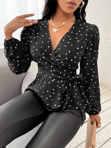 Random Heart Print Surplice Neck Belted Blouse Random Heart Print Surplice Neck Belted Blouse
