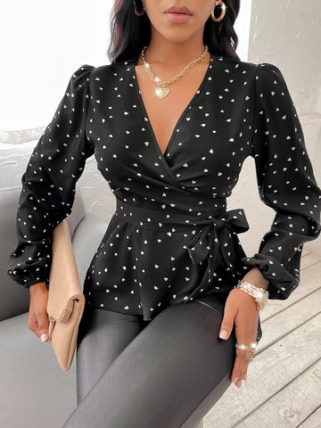 Random Heart Print Surplice Neck Belted Blouse Random Heart Print Surplice Neck Belted Blouse