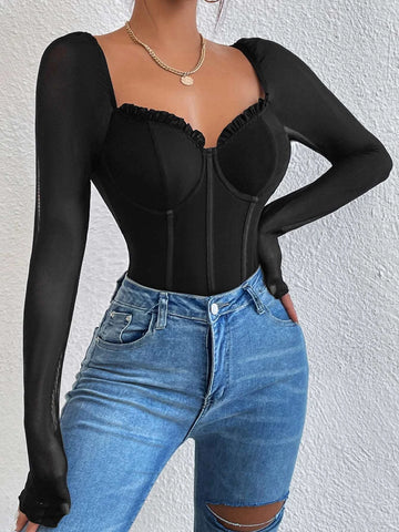 Sweetheart Neckline Frill Bustier Mesh Bodysuit Sweetheart Neckline Frill Bustier Mesh Bodysuit