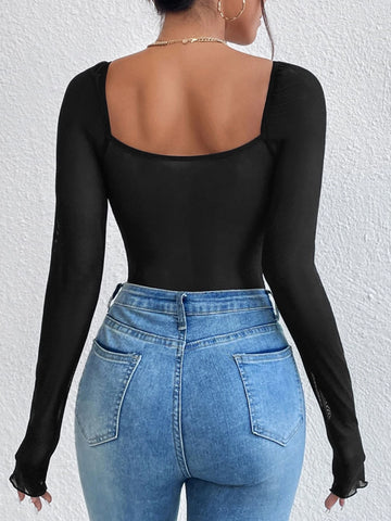 Sweetheart Neckline Frill Bustier Mesh Bodysuit Sweetheart Neckline Frill Bustier Mesh Bodysuit