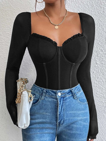 Sweetheart Neckline Frill Bustier Mesh Bodysuit Sweetheart Neckline Frill Bustier Mesh Bodysuit