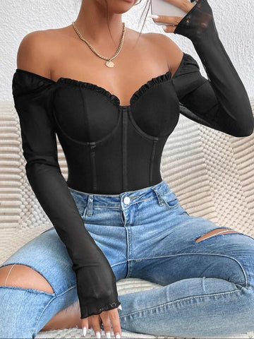 Sweetheart Neckline Frill Bustier Mesh Bodysuit Sweetheart Neckline Frill Bustier Mesh Bodysuit