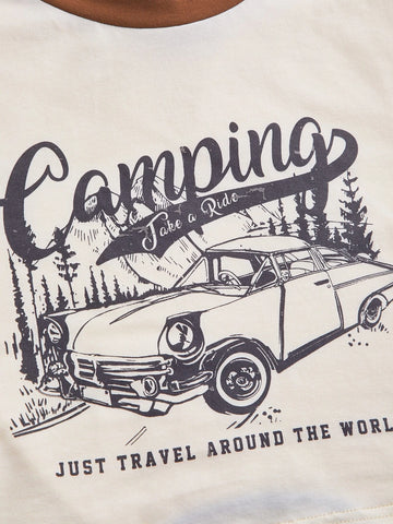 Car & Slogan Graphic Contrast Binding Crisscross Crop Tee Car & Slogan Graphic Contrast Binding Crisscross Crop Tee