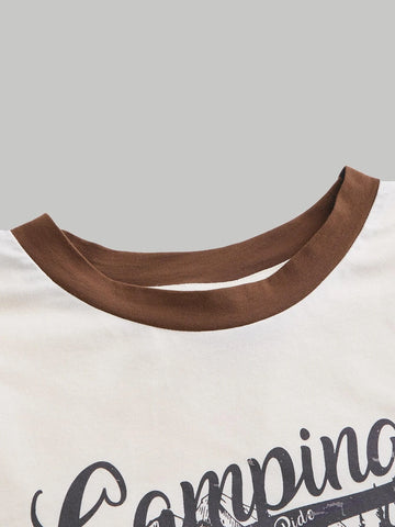 Car & Slogan Graphic Contrast Binding Crisscross Crop Tee Car & Slogan Graphic Contrast Binding Crisscross Crop Tee