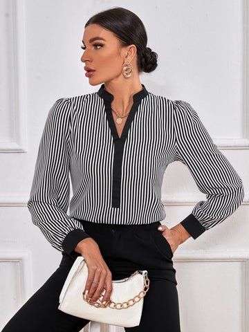 Striped Print Notched Neck Blouse Striped Print Notched Neck Blouse