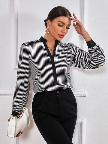 Striped Print Notched Neck Blouse Striped Print Notched Neck Blouse