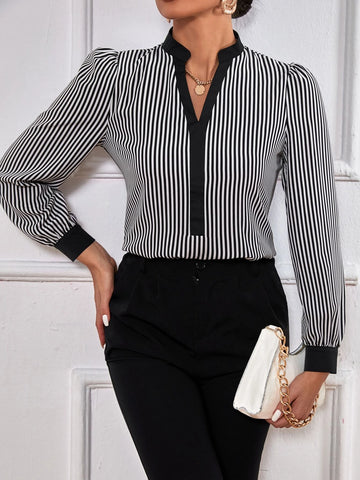 Striped Print Notched Neck Blouse Striped Print Notched Neck Blouse