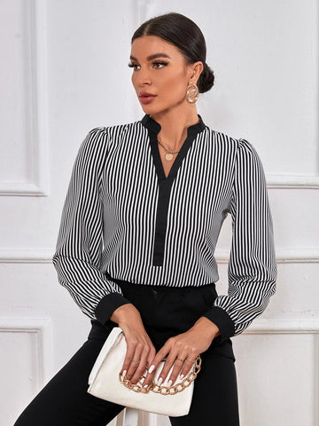 Striped Print Notched Neck Blouse Striped Print Notched Neck Blouse