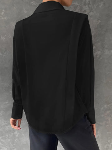 Solid Button Front Curved Hem Shirt Solid Button Front Curved Hem Shirt
