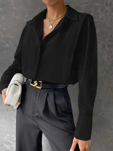 Solid Button Front Curved Hem Shirt Solid Button Front Curved Hem Shirt