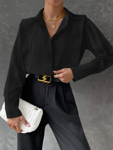 Solid Button Front Curved Hem Shirt Solid Button Front Curved Hem Shirt