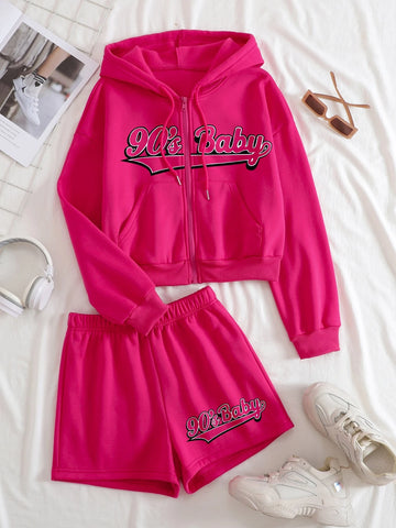Letter Graphic Zip Up Drawstring Thermal Hoodie & Track Shorts Letter Graphic Zip Up Drawstring Thermal Hoodie & Track Shorts