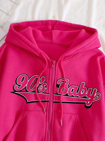 Letter Graphic Zip Up Drawstring Thermal Hoodie & Track Shorts Letter Graphic Zip Up Drawstring Thermal Hoodie & Track Shorts