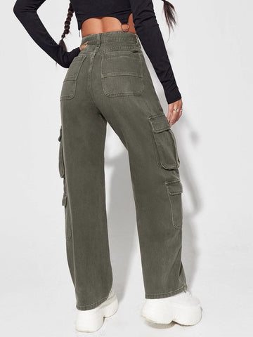 High Waisted Flap Pocket Cargo Jeans High Waisted Flap Pocket Cargo Jeans