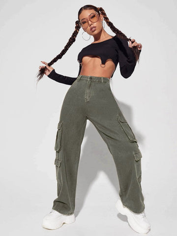 High Waisted Flap Pocket Cargo Jeans High Waisted Flap Pocket Cargo Jeans