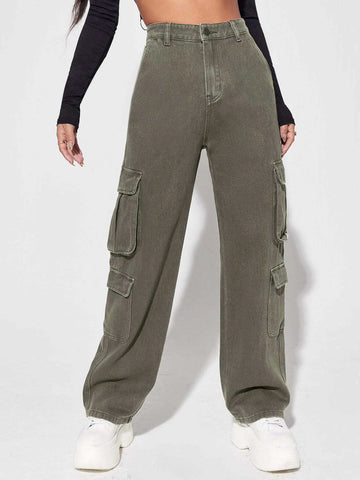 High Waisted Flap Pocket Cargo Jeans High Waisted Flap Pocket Cargo Jeans