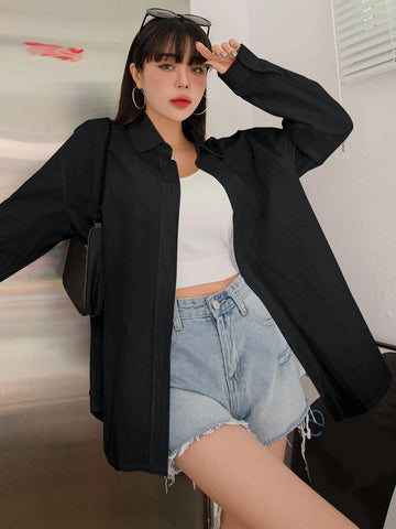 DAZY Solid Drop Shoulder Button Up Oversized Shirt DAZY Solid Drop Shoulder Button Up Oversized Shirt