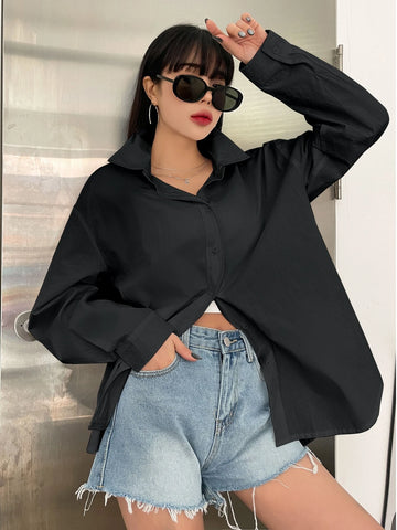 DAZY Solid Drop Shoulder Button Up Oversized Shirt DAZY Solid Drop Shoulder Button Up Oversized Shirt
