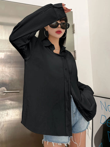 DAZY Solid Drop Shoulder Button Up Oversized Shirt DAZY Solid Drop Shoulder Button Up Oversized Shirt