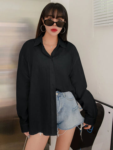 DAZY Solid Drop Shoulder Button Up Oversized Shirt DAZY Solid Drop Shoulder Button Up Oversized Shirt