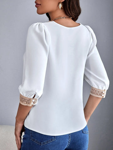 Contrast Lace Puff Sleeve Blouse Contrast Lace Puff Sleeve Blouse