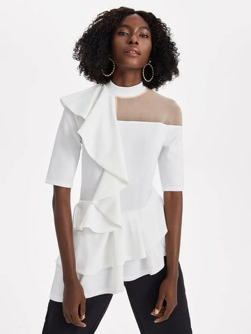 Mock Neck Mesh Yoke Ruffle Trim Tee Mock Neck Mesh Yoke Ruffle Trim Tee