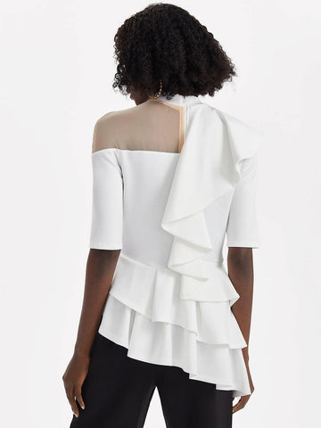 Mock Neck Mesh Yoke Ruffle Trim Tee Mock Neck Mesh Yoke Ruffle Trim Tee