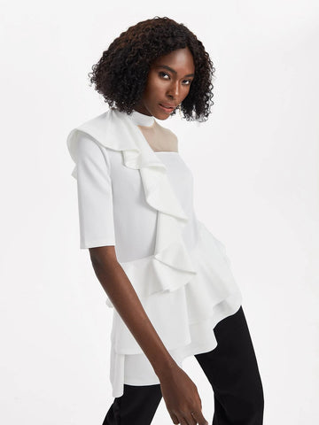 Mock Neck Mesh Yoke Ruffle Trim Tee Mock Neck Mesh Yoke Ruffle Trim Tee