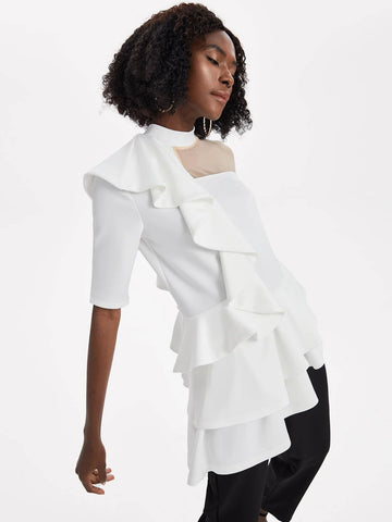 Mock Neck Mesh Yoke Ruffle Trim Tee Mock Neck Mesh Yoke Ruffle Trim Tee