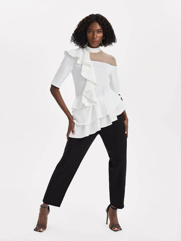Mock Neck Mesh Yoke Ruffle Trim Tee Mock Neck Mesh Yoke Ruffle Trim Tee