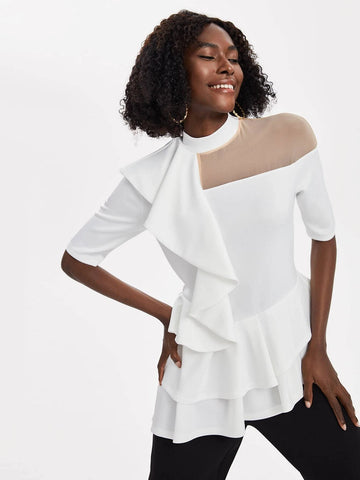 Mock Neck Mesh Yoke Ruffle Trim Tee Mock Neck Mesh Yoke Ruffle Trim Tee